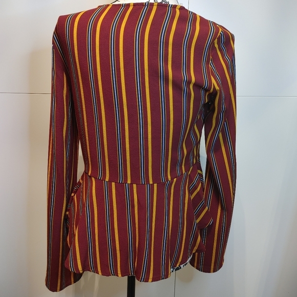 Striped Deep V Tie Front Blouse | Bell Sleeve Top M - Picture 5 of 6